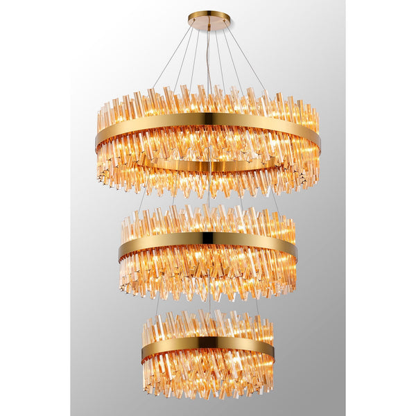 Kelly Three Tier Pendant 60cm, 80cm & 100cm Tiers in Brass & Amber Glass