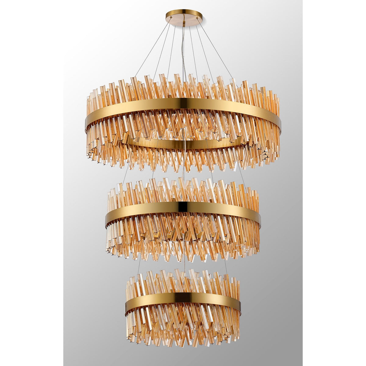 Kelly Three Tier Pendant 60cm, 80cm & 100cm Tiers in Brass & Amber Glass