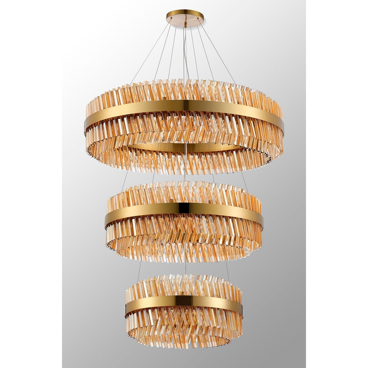 Kelly Three Tier Pendant 60cm, 80cm & 100cm Tiers in Brass & Amber Glass