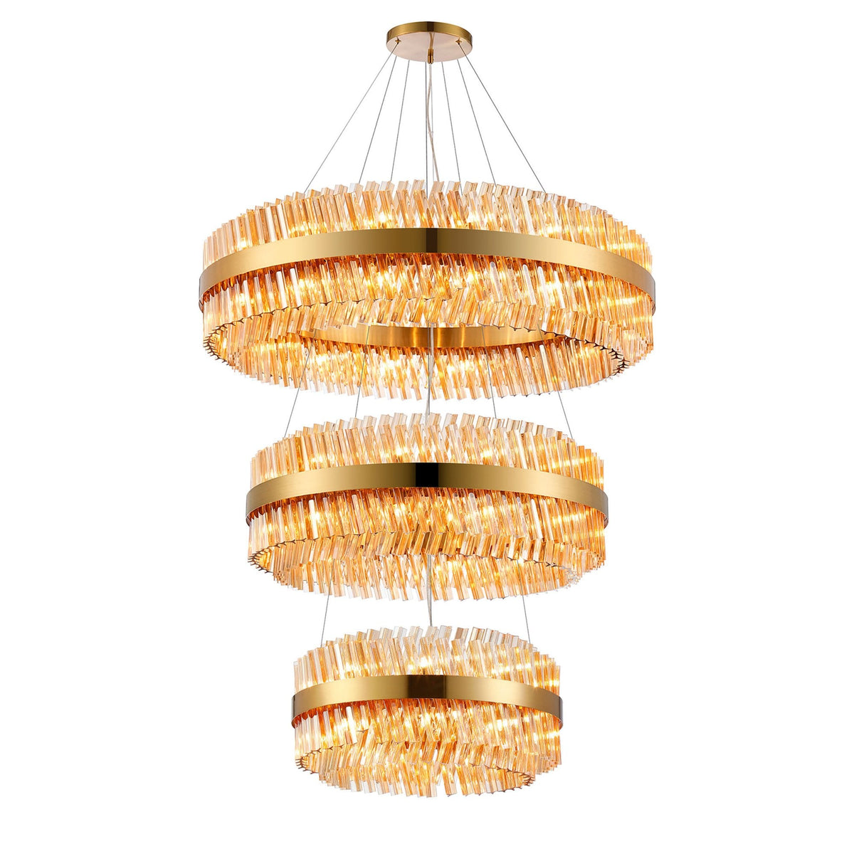 Kelly Three Tier Pendant 60cm, 80cm & 100cm Tiers in Brass & Amber Glass