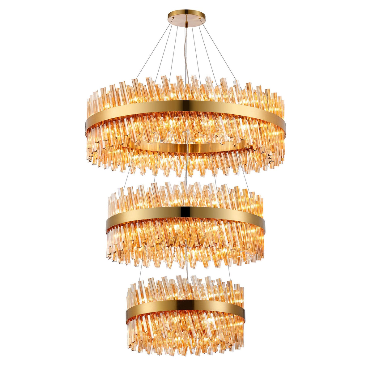 Kelly Three Tier Pendant 60cm, 80cm & 100cm Tiers in Brass & Amber Glass