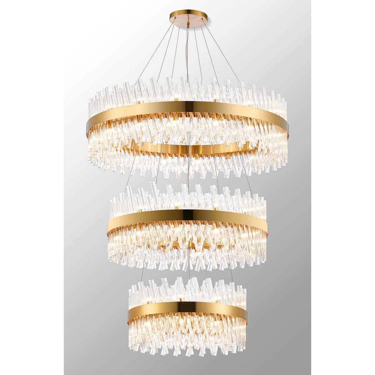 Kelly Three Tier Pendant 60cm, 80cm & 100cm Tiers in Brass & Clear Glass