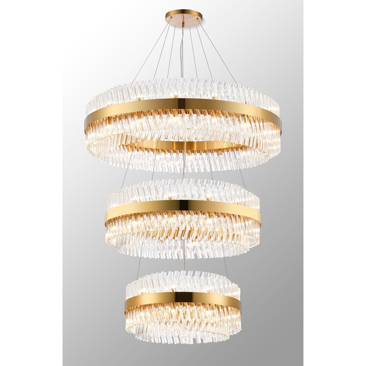 Kelly Three Tier Pendant 60cm, 80cm & 100cm Tiers in Brass & Clear Glass