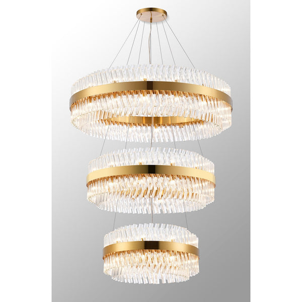Kelly Three Tier Pendant 60cm, 80cm & 100cm Tiers in Brass & Clear Glass