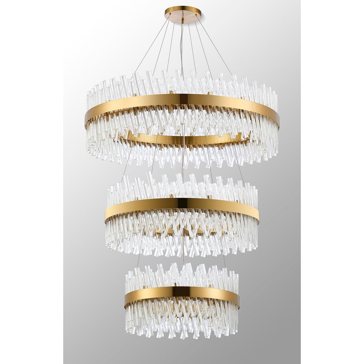 Kelly Three Tier Pendant 60cm, 80cm & 100cm Tiers in Brass & Clear Glass