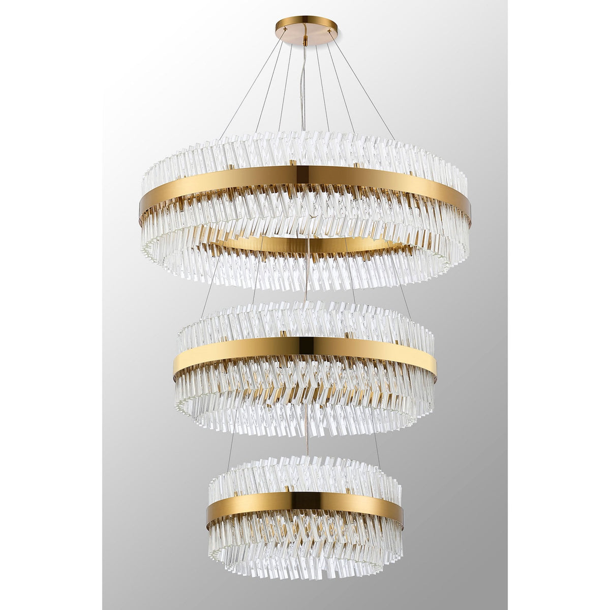 Kelly Three Tier Pendant 60cm, 80cm & 100cm Tiers in Brass & Clear Glass