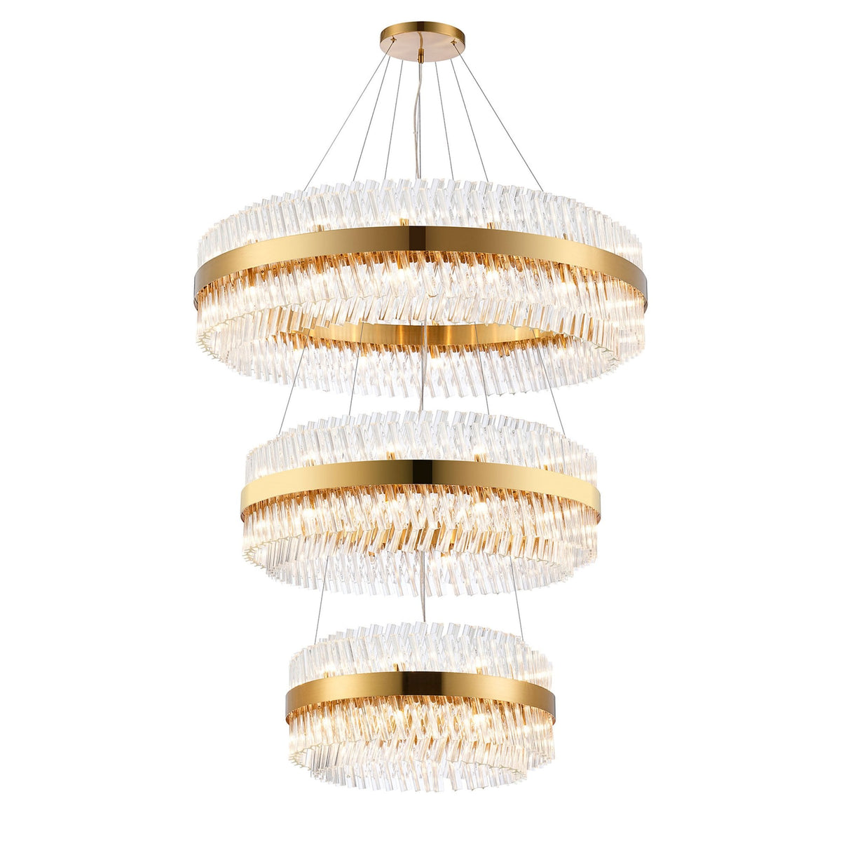 Kelly Three Tier Pendant 60cm, 80cm & 100cm Tiers in Brass & Clear Glass