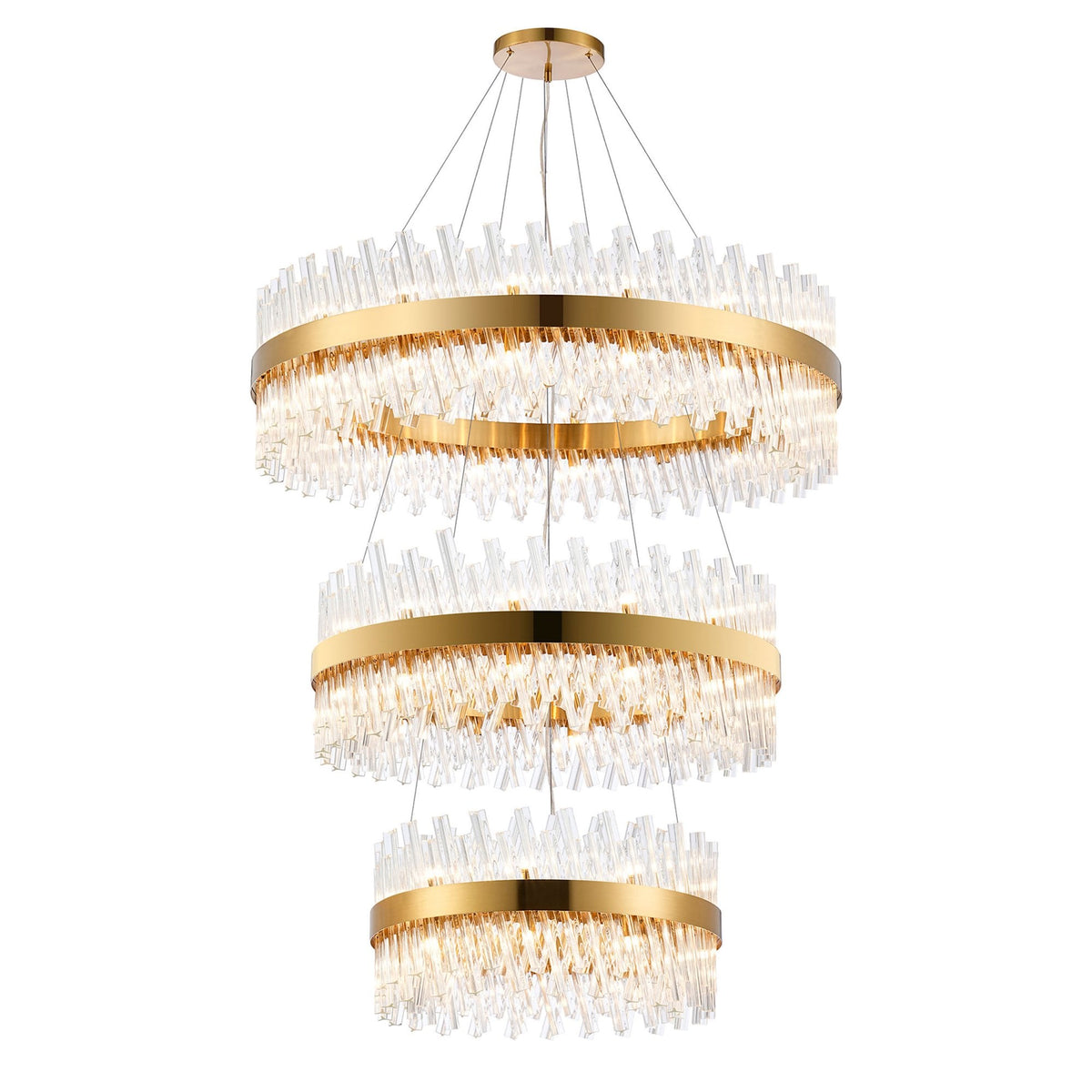 Kelly Three Tier Pendant 60cm, 80cm & 100cm Tiers in Brass & Clear Glass