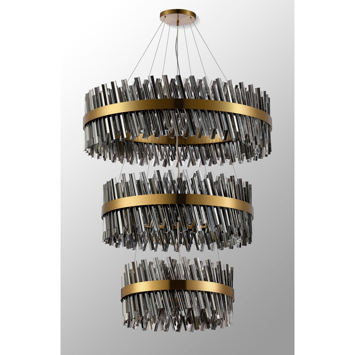 Kelly Three Tier Pendant 60cm, 80cm & 100cm Tiers in Brass & Smoke Glass