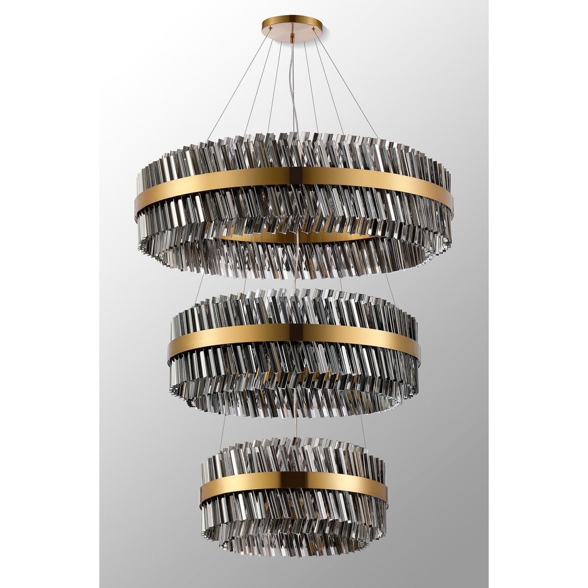 Kelly Three Tier Pendant 60cm, 80cm & 100cm Tiers in Brass & Smoke Glass