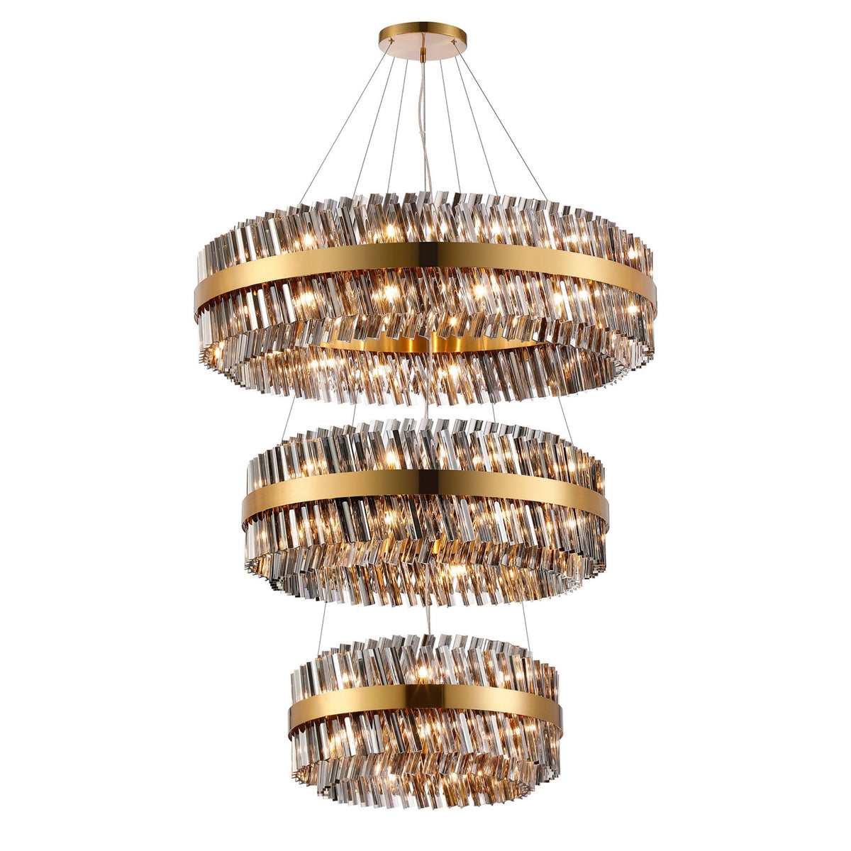 Kelly Three Tier Pendant 60cm, 80cm & 100cm Tiers in Brass & Smoke Glass