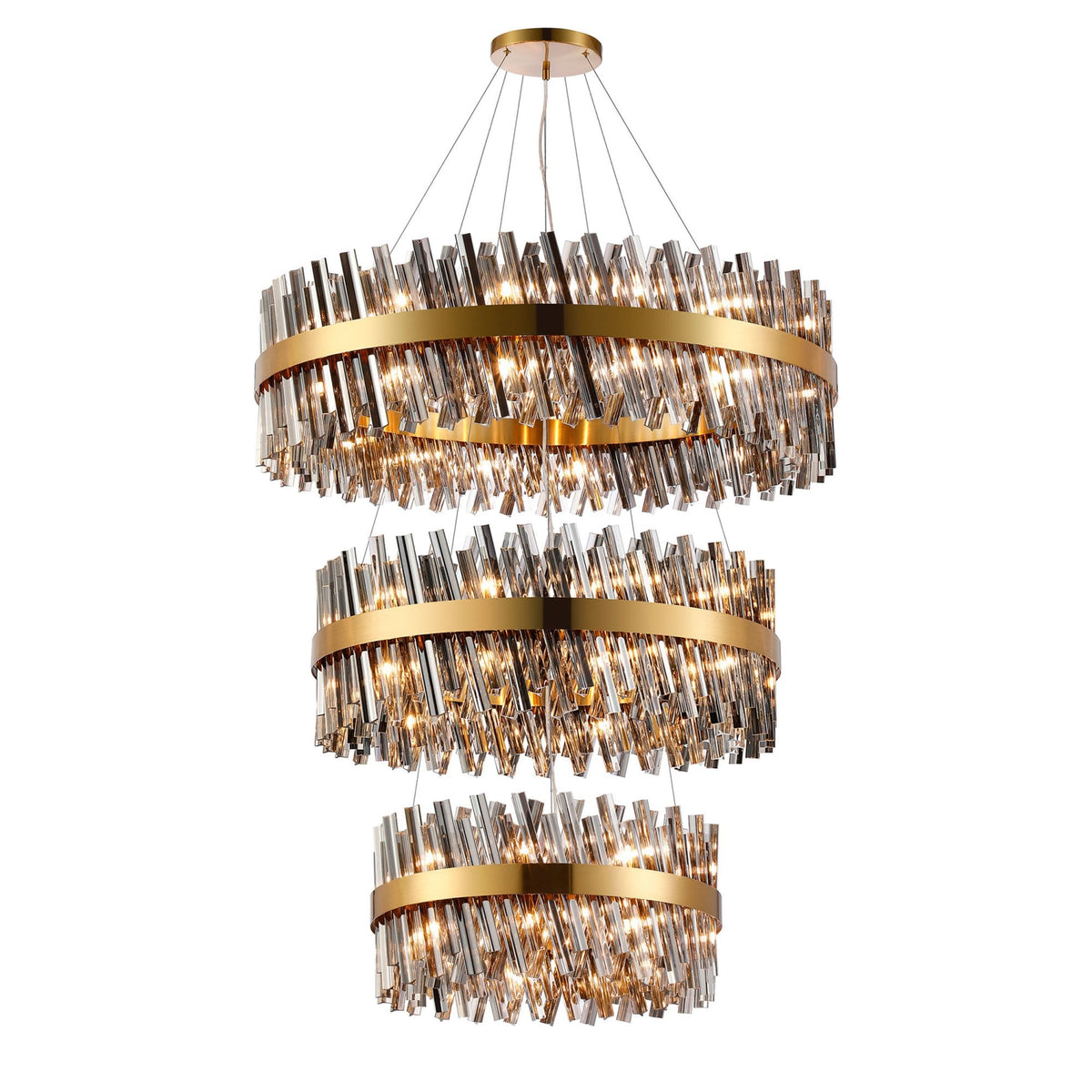 Kelly Three Tier Pendant 60cm, 80cm & 100cm Tiers in Brass & Smoke Glass