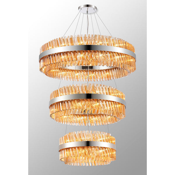 Kelly Three Tier Pendant 60cm, 80cm & 100cm Tiers in Polished Nickel & Amber Glass