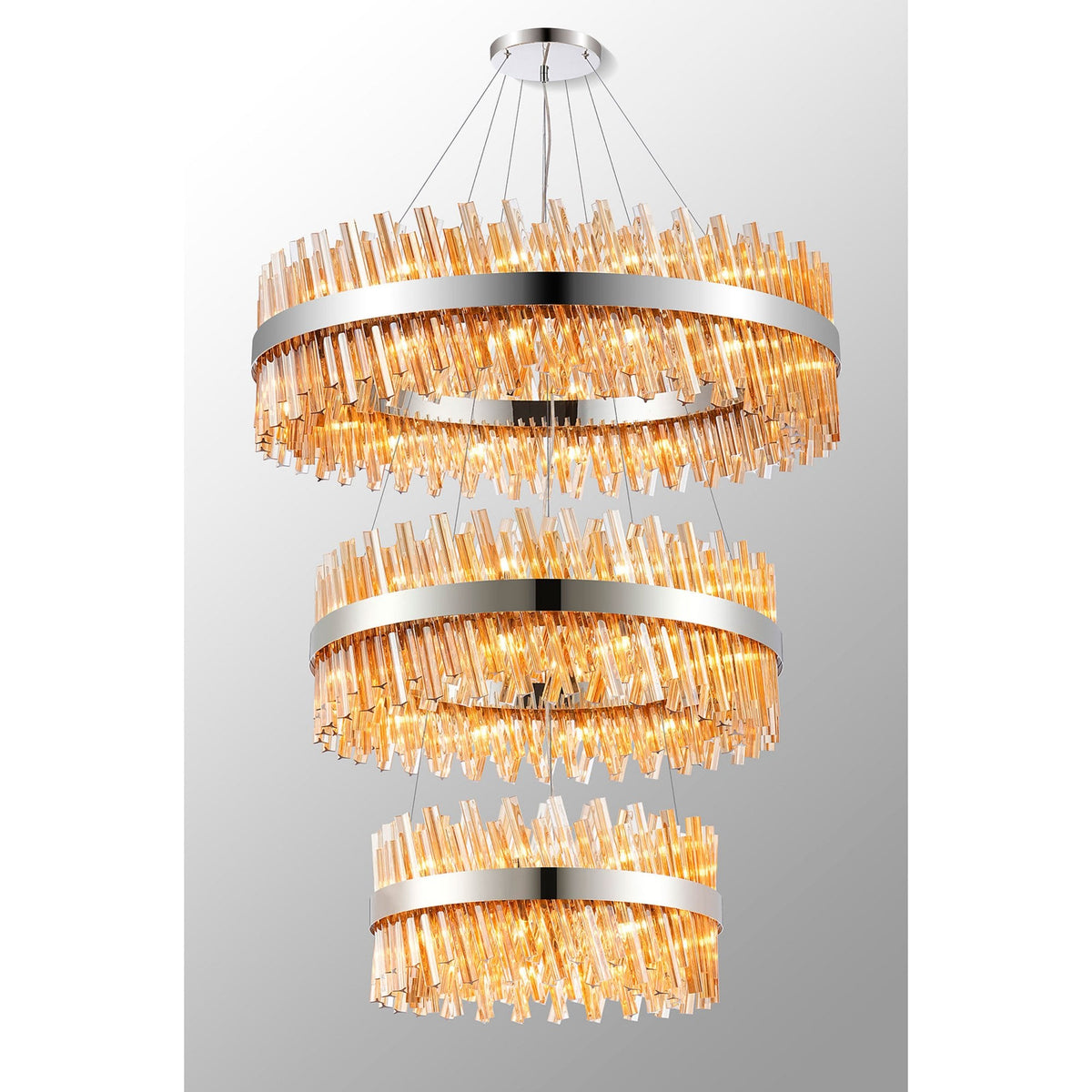 Kelly Three Tier Pendant 60cm, 80cm & 100cm Tiers in Polished Nickel & Amber Glass