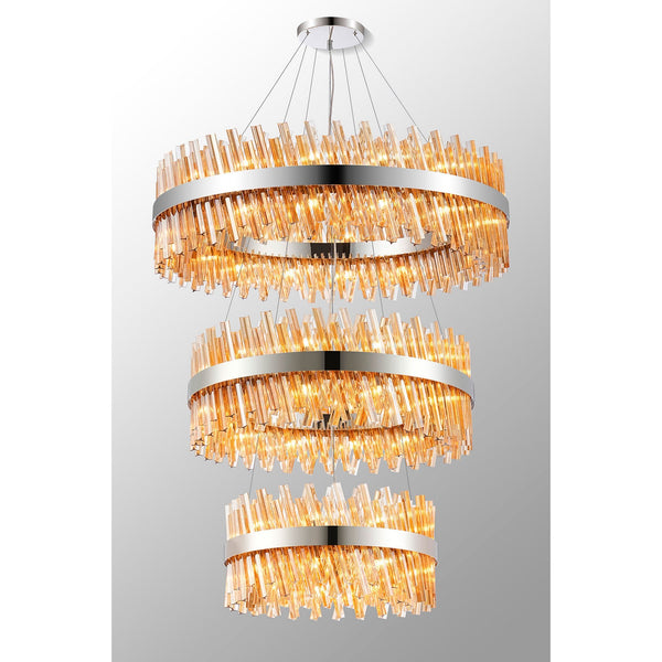 Kelly Three Tier Pendant 60cm, 80cm & 100cm Tiers in Polished Nickel & Amber Glass