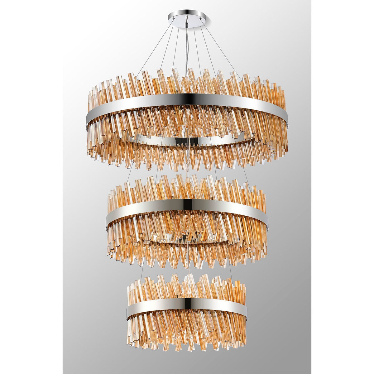 Kelly Three Tier Pendant 60cm, 80cm & 100cm Tiers in Polished Nickel & Amber Glass