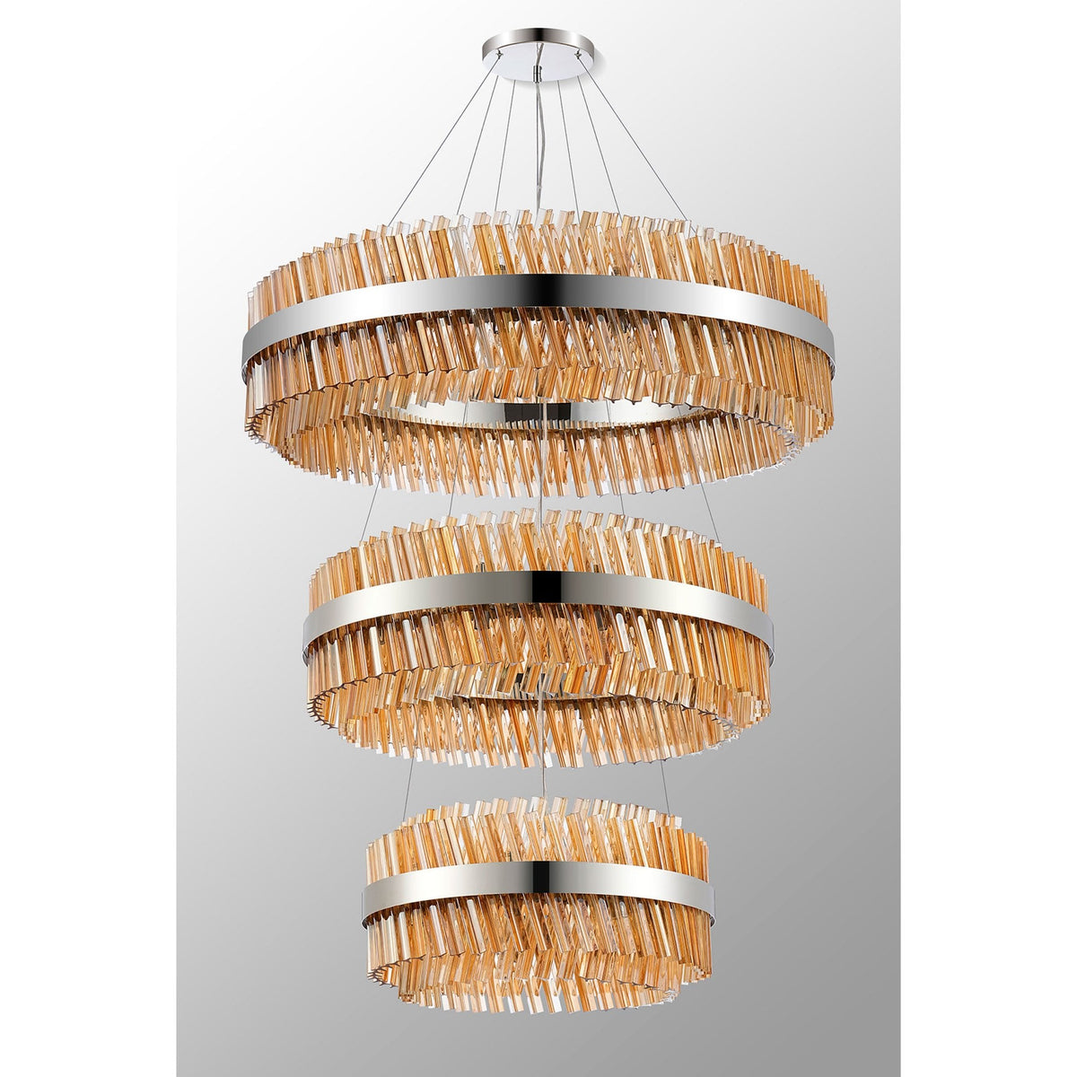 Kelly Three Tier Pendant 60cm, 80cm & 100cm Tiers in Polished Nickel & Amber Glass