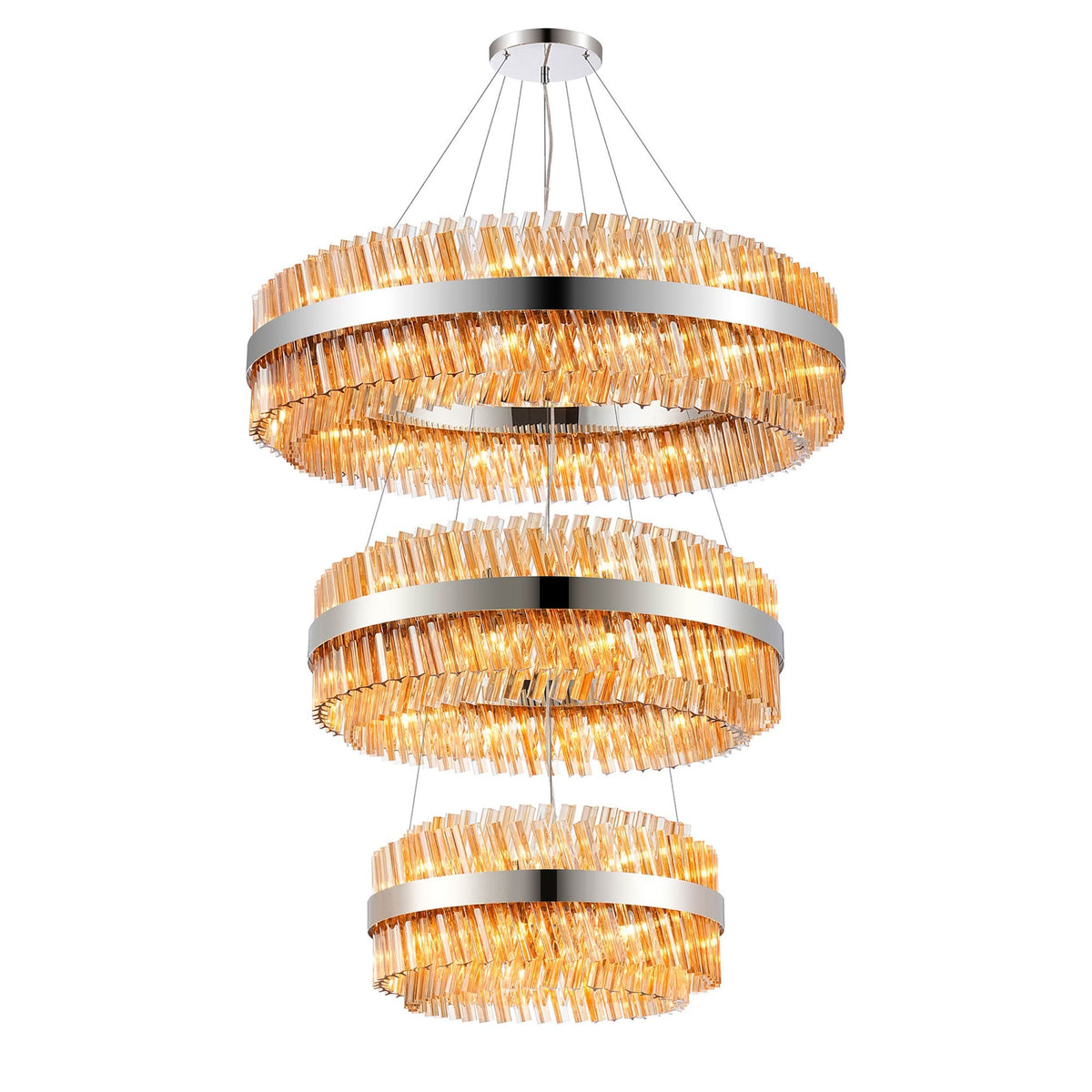 Kelly Three Tier Pendant 60cm, 80cm & 100cm Tiers in Polished Nickel & Amber Glass