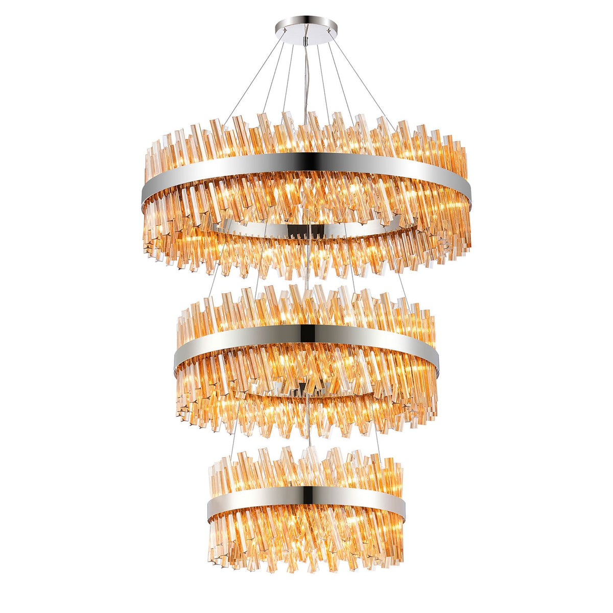 Kelly Three Tier Pendant 60cm, 80cm & 100cm Tiers in Polished Nickel & Amber Glass