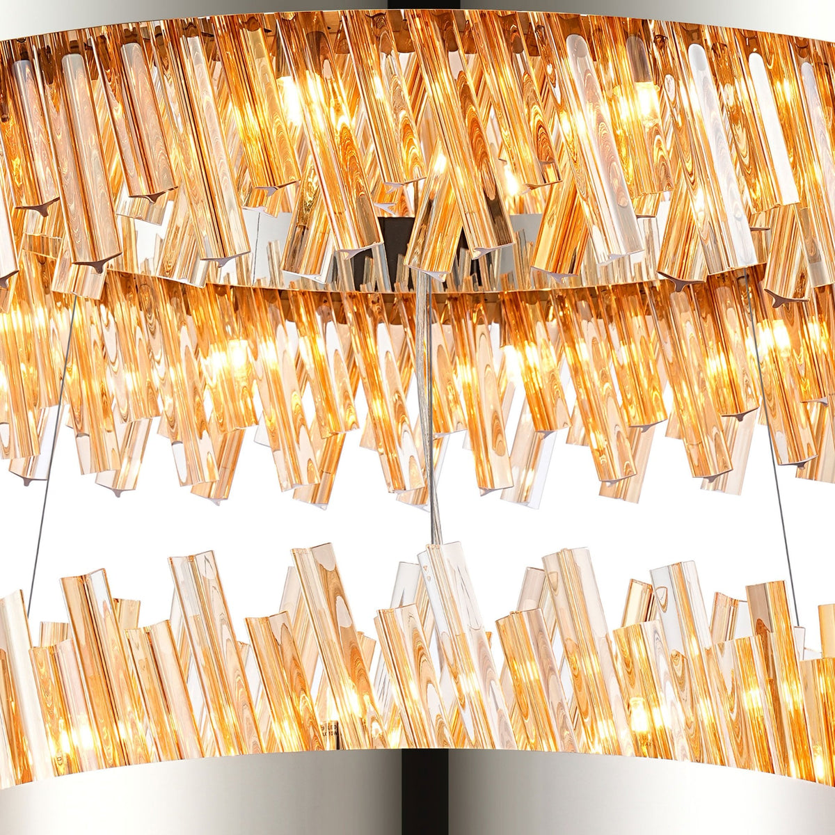 Kelly Three Tier Pendant 60cm, 80cm & 100cm Tiers in Polished Nickel & Amber Glass