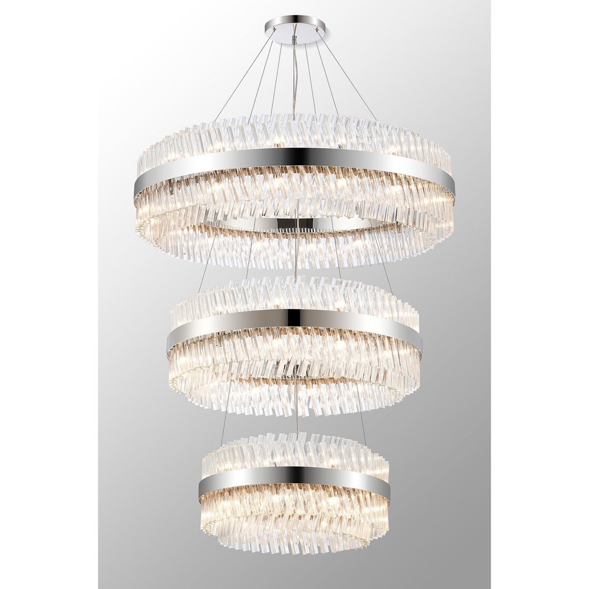 Kelly Three Tier Pendant 60cm, 80cm & 100cm Tiers in Polished Nickel & Clear Glass