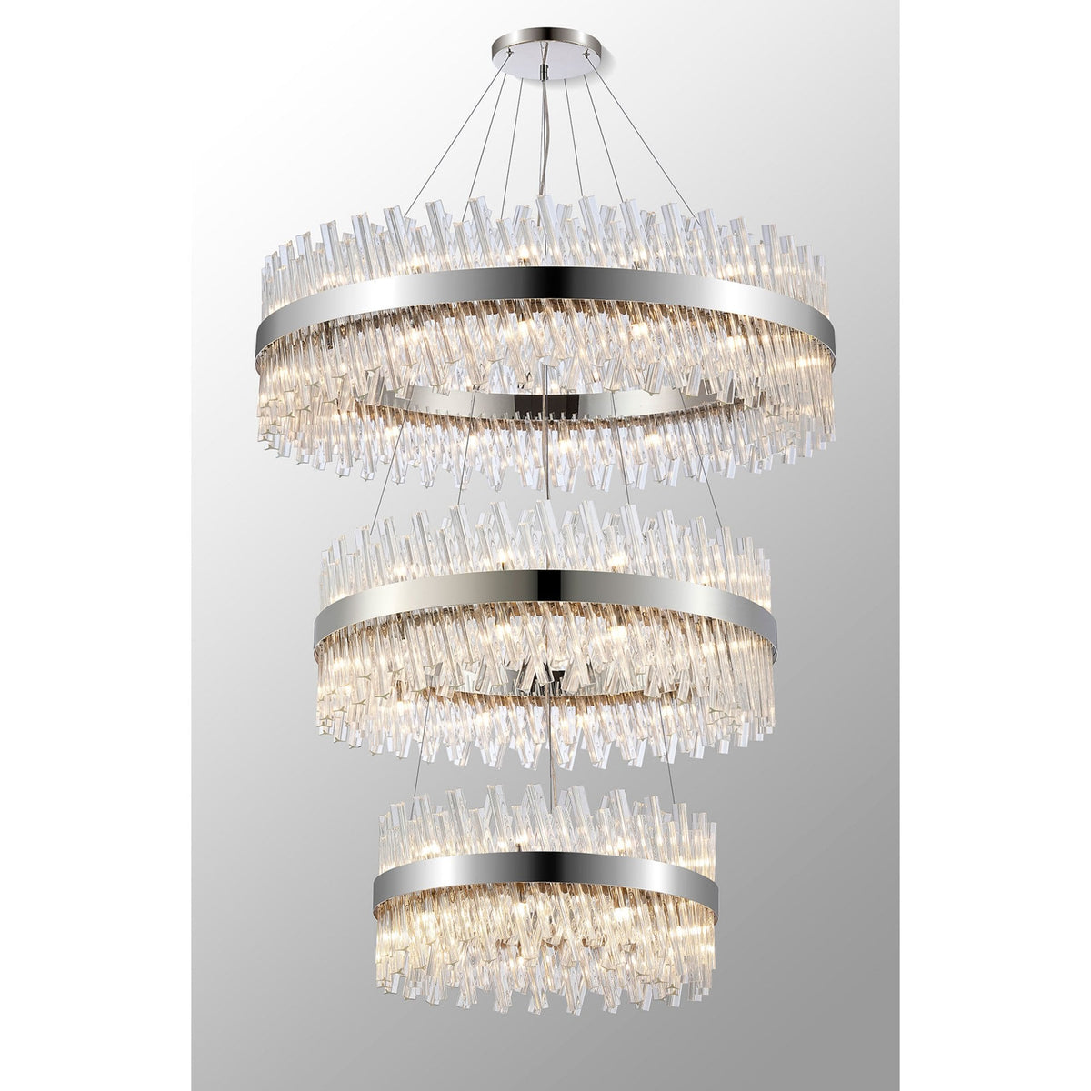 Kelly Three Tier Pendant 60cm, 80cm & 100cm Tiers in Polished Nickel & Clear Glass