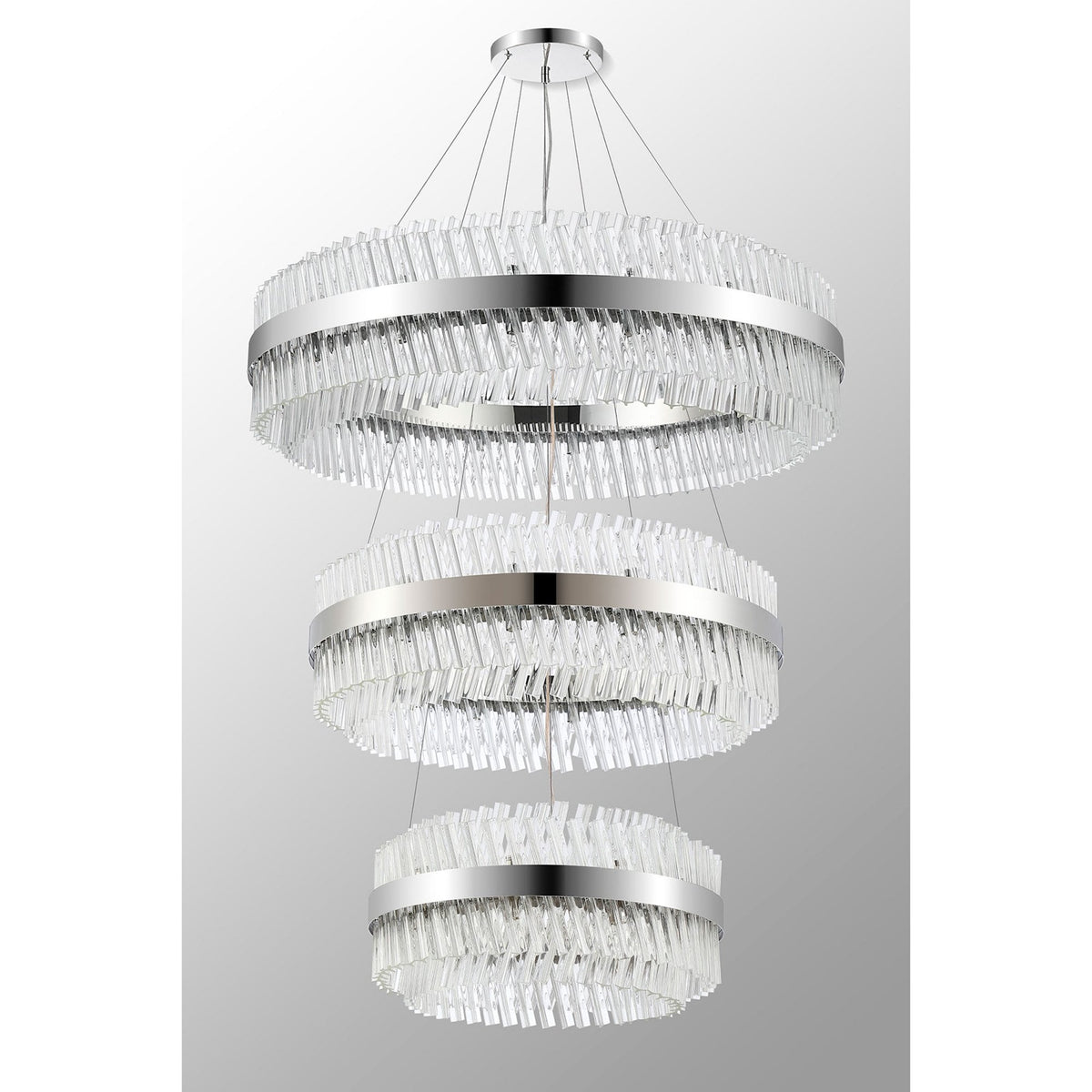Kelly Three Tier Pendant 60cm, 80cm & 100cm Tiers in Polished Nickel & Clear Glass