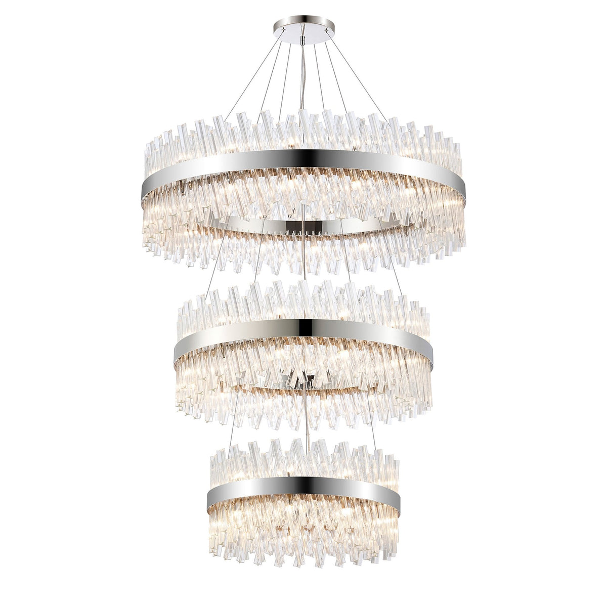 Kelly Three Tier Pendant 60cm, 80cm & 100cm Tiers in Polished Nickel & Clear Glass