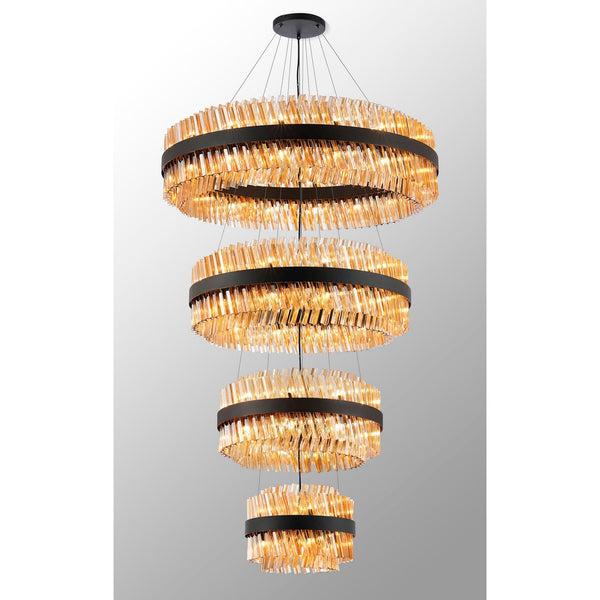 A four-tier crystal chandelier with dark bands and warm, illuminated crystals.