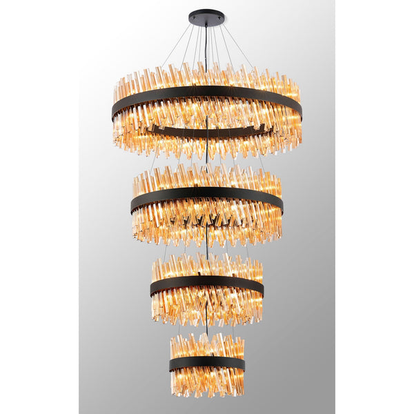 A four-tier chandelier featuring dark bands and illuminated, clear crystal elements.