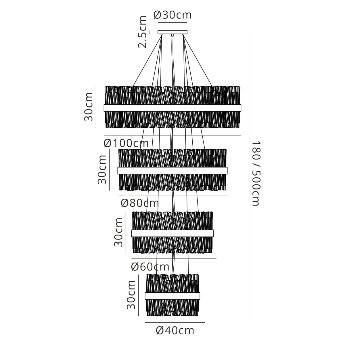 Kelly Four Tier Pendant 40cm, 60cm, 80cm & 100cm Tiers in Polished Nickel & Clear Glass