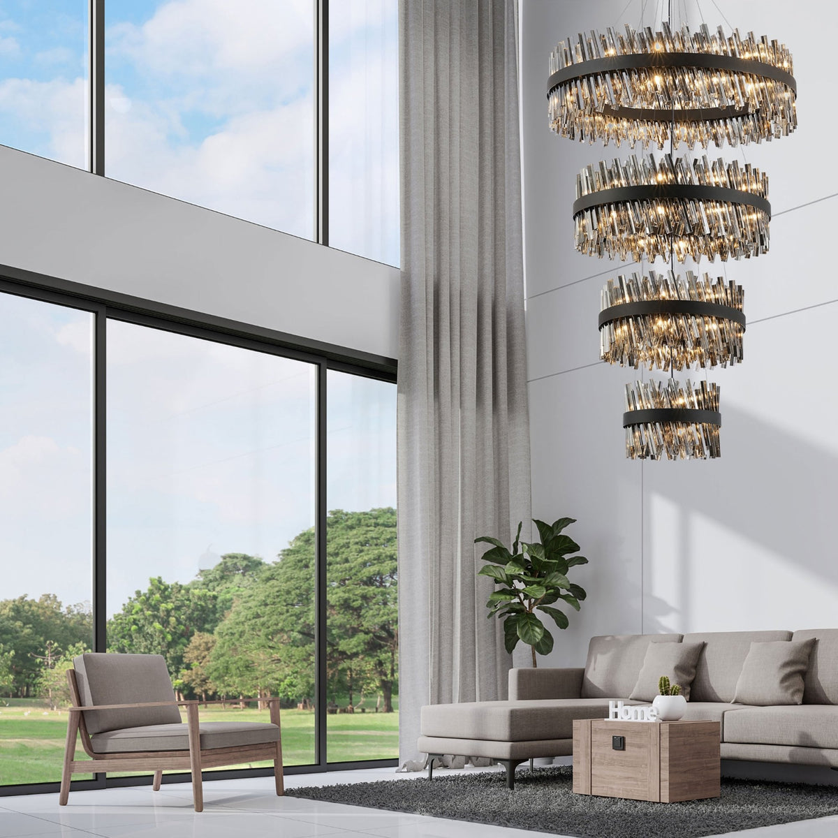Kelly Four Tier Pendant 40cm, 60cm, 80cm & 100cm Tiers in Satin Black & Smoke Glass