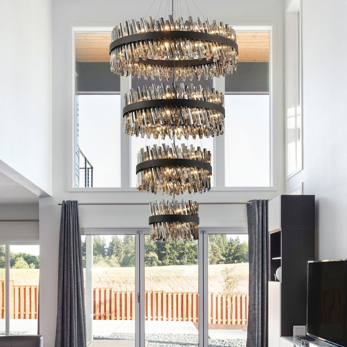 Kelly Four Tier Pendant 40cm, 60cm, 80cm & 100cm Tiers in Satin Black & Smoke Glass