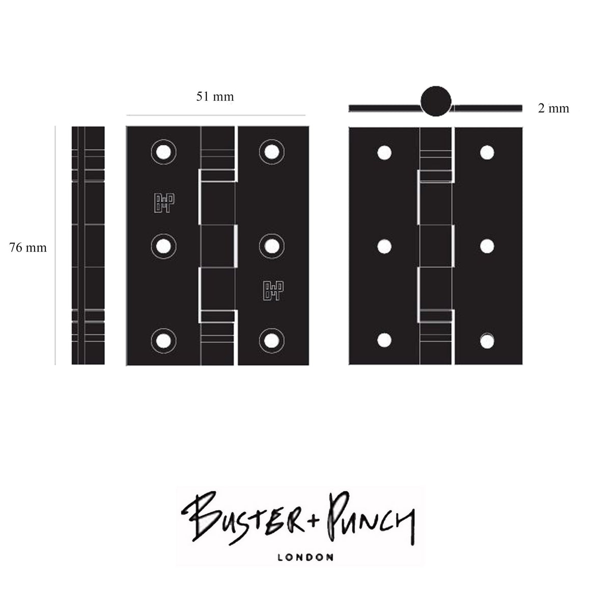 Technical drawing of a black door hinge with dimensions and Buster + Punch London logo.