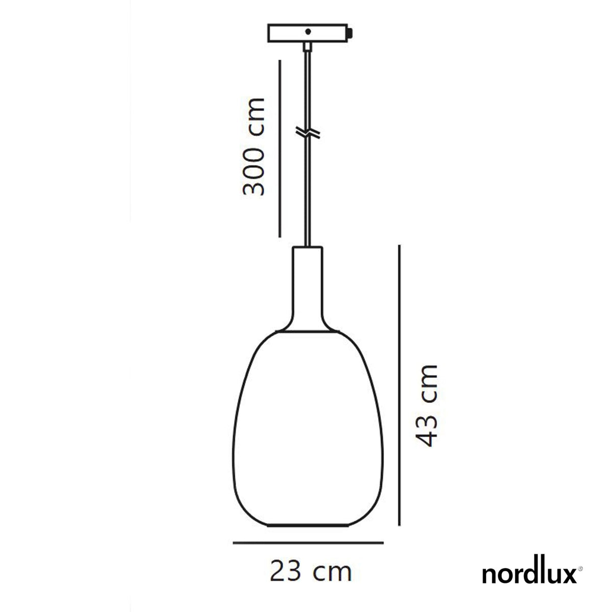 A line drawing of the small pendant light with dimensions: 43cm height, 23cm width, 300cm cable.