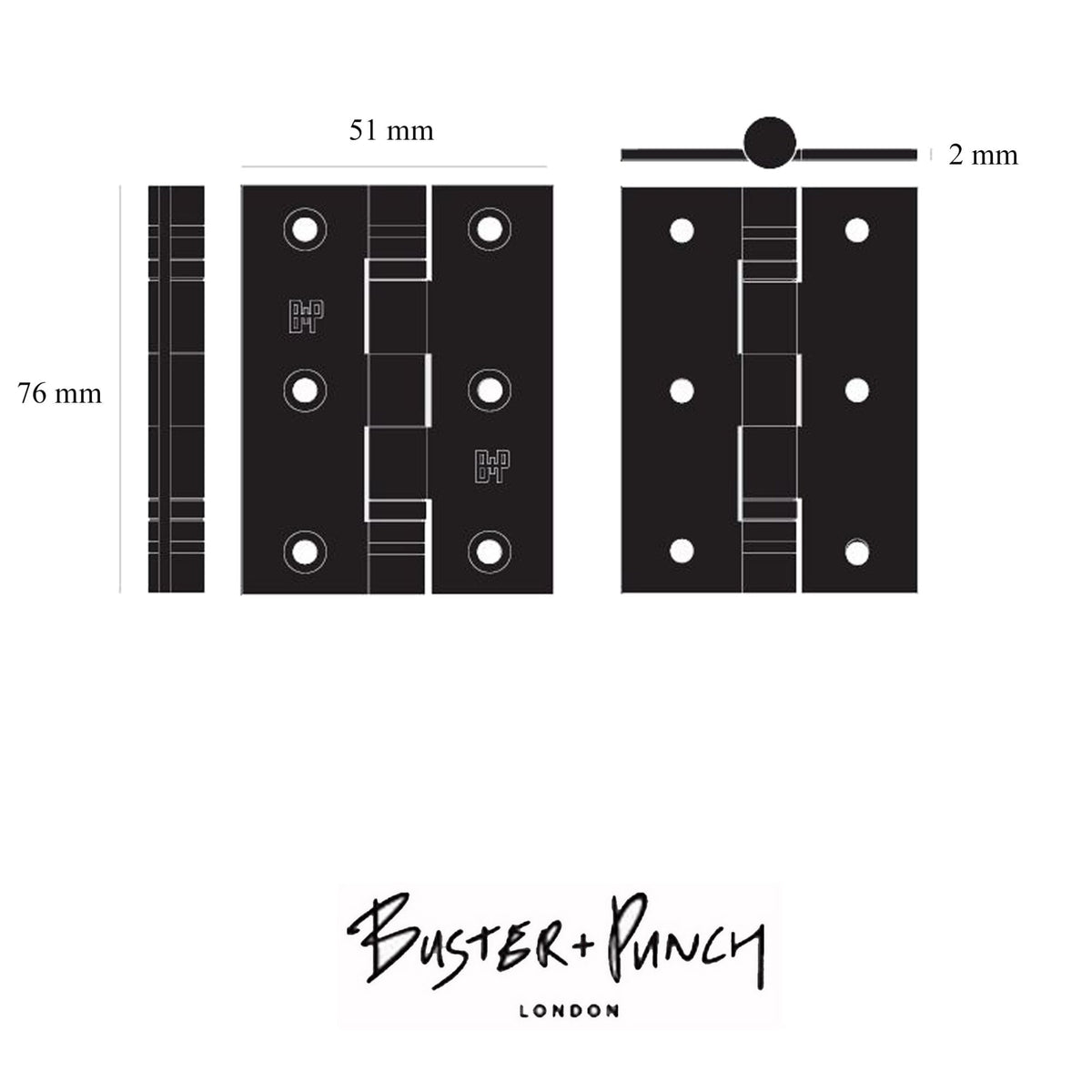 Diagram showing the dimensions of a 76mm x 51mm x 2mm matt black door hinge.
