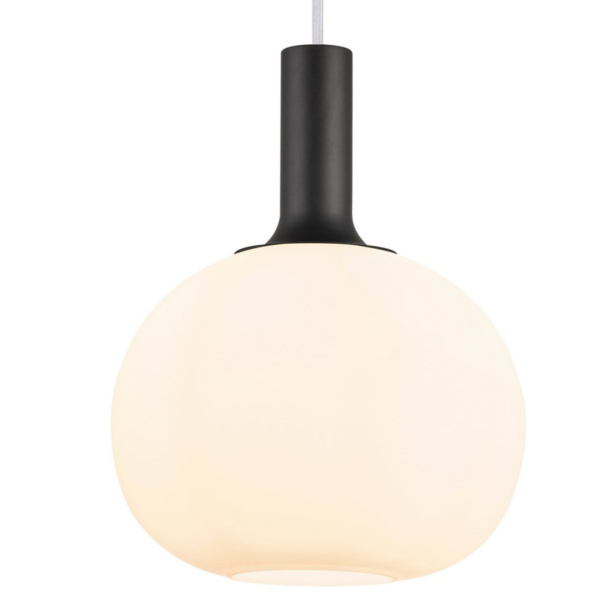 A large round white pendant light with a matte black neck and a white cable.