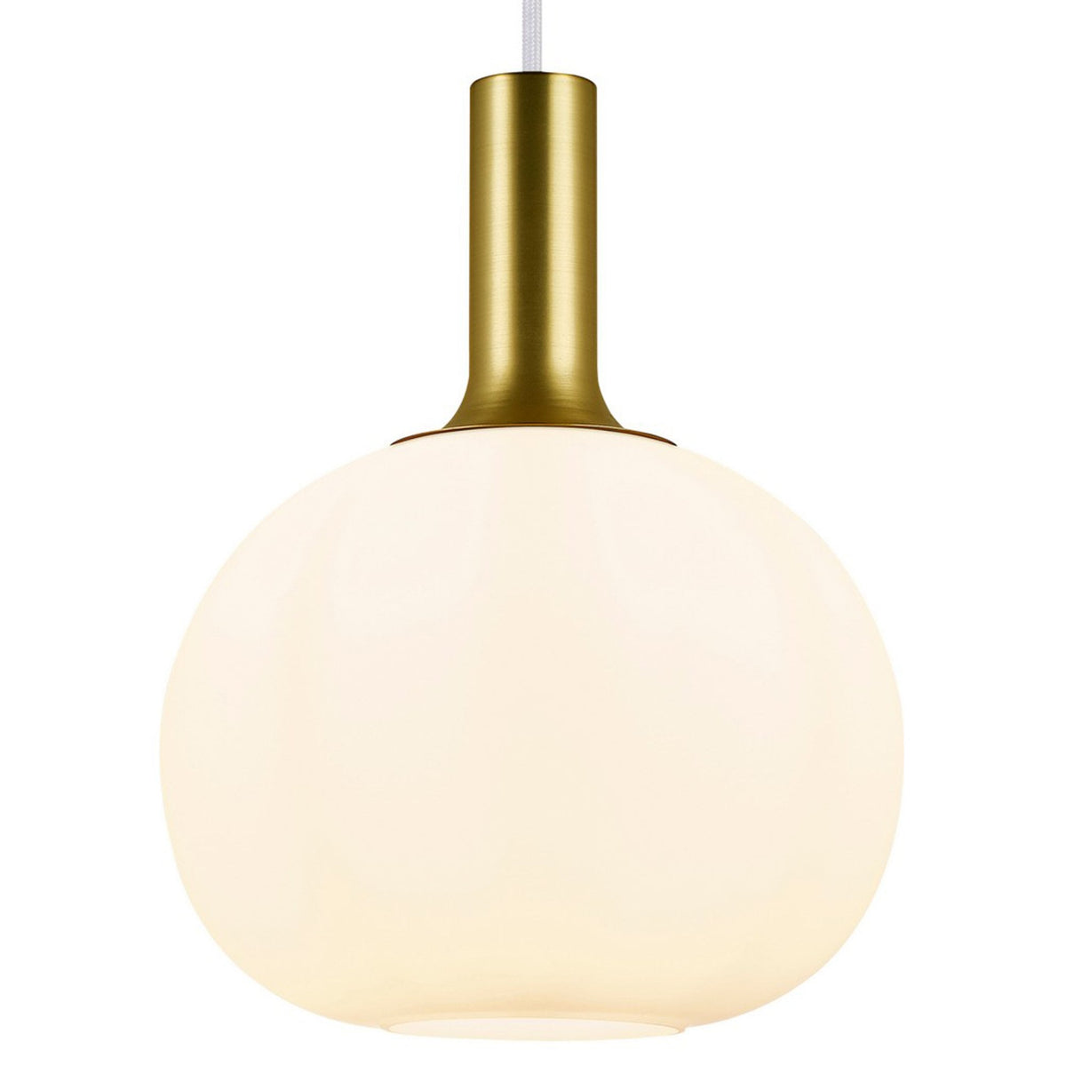 A large round white pendant light with a brass neck and a white cable.