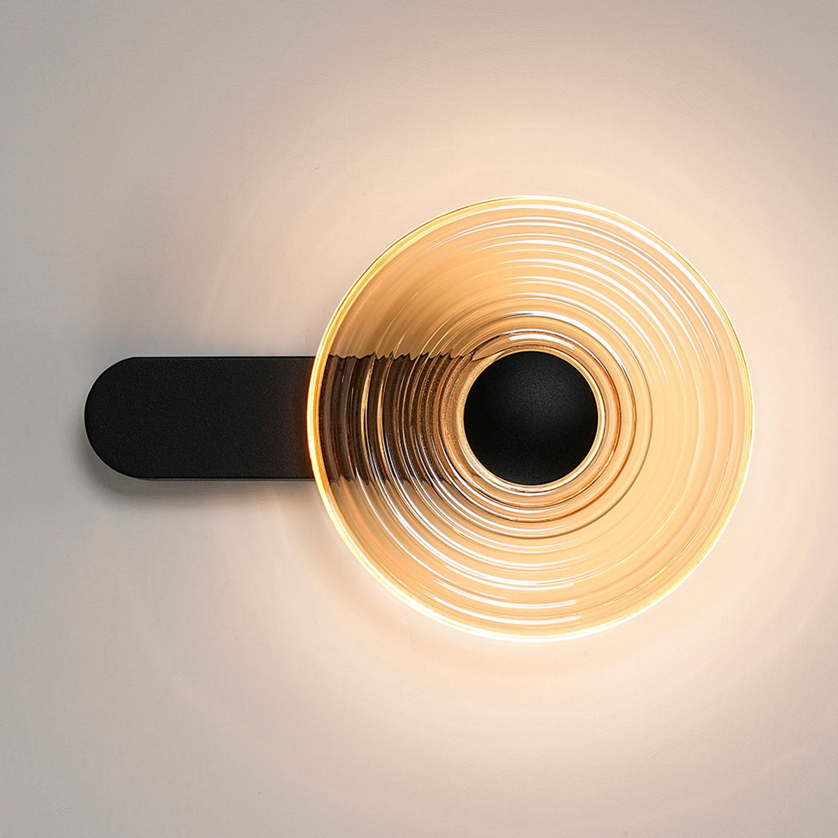 Irvine 7w LED Wall Light in Satin Black with Amber Ripple Glass Shade with Black Cap