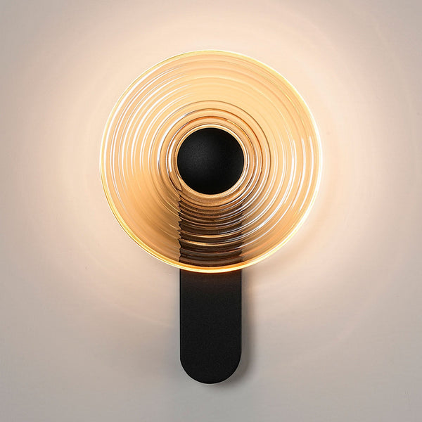 Irvine 7w LED Wall Light in Satin Black with Amber Ripple Glass Shade with Black Cap