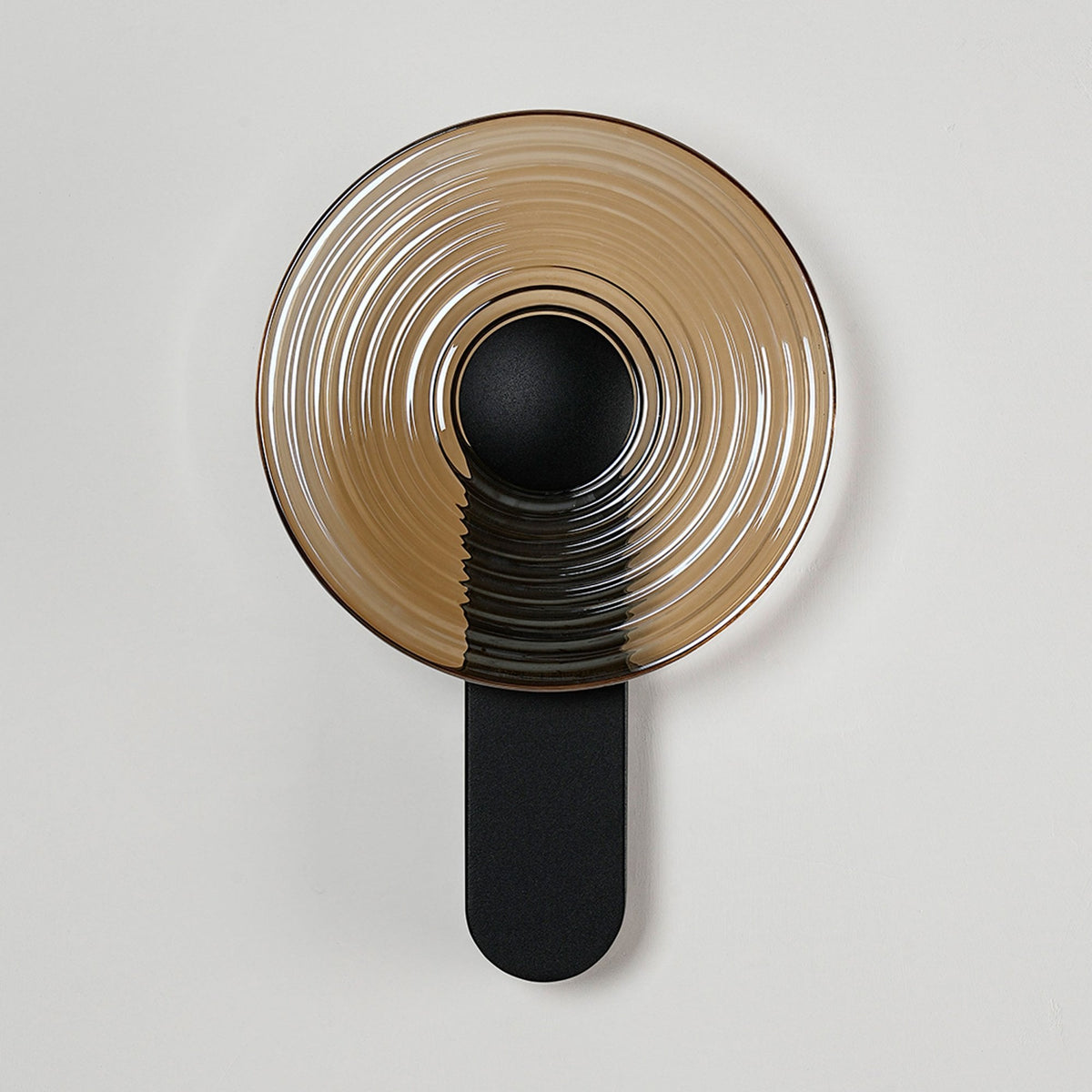 Irvine 7w LED Wall Light in Satin Black with Amber Ripple Glass Shade with Black Cap