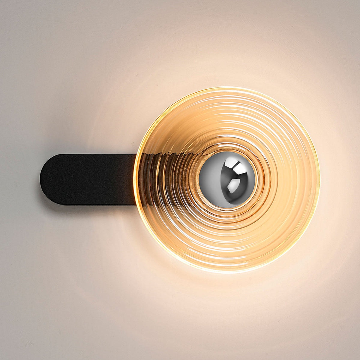 Irvine 7w LED Wall Light in Satin Black with Amber Ripple Glass Shade with Chrome Cap