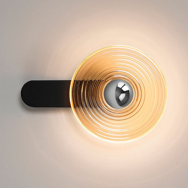 Irvine 7w LED Wall Light in Satin Black with Amber Ripple Glass Shade with Chrome Cap