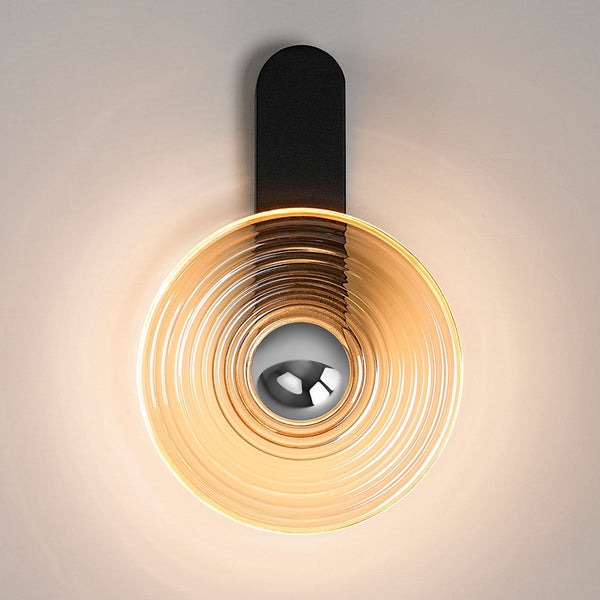 Irvine 7w LED Wall Light in Satin Black with Amber Ripple Glass Shade with Chrome Cap