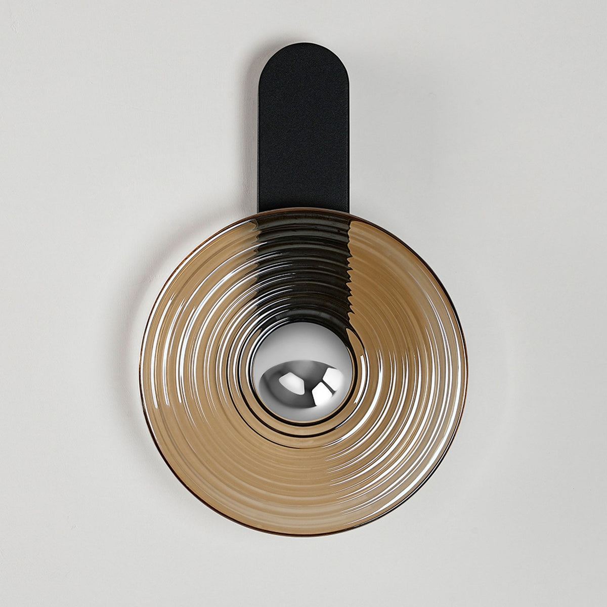 Irvine 7w LED Wall Light in Satin Black with Amber Ripple Glass Shade with Chrome Cap