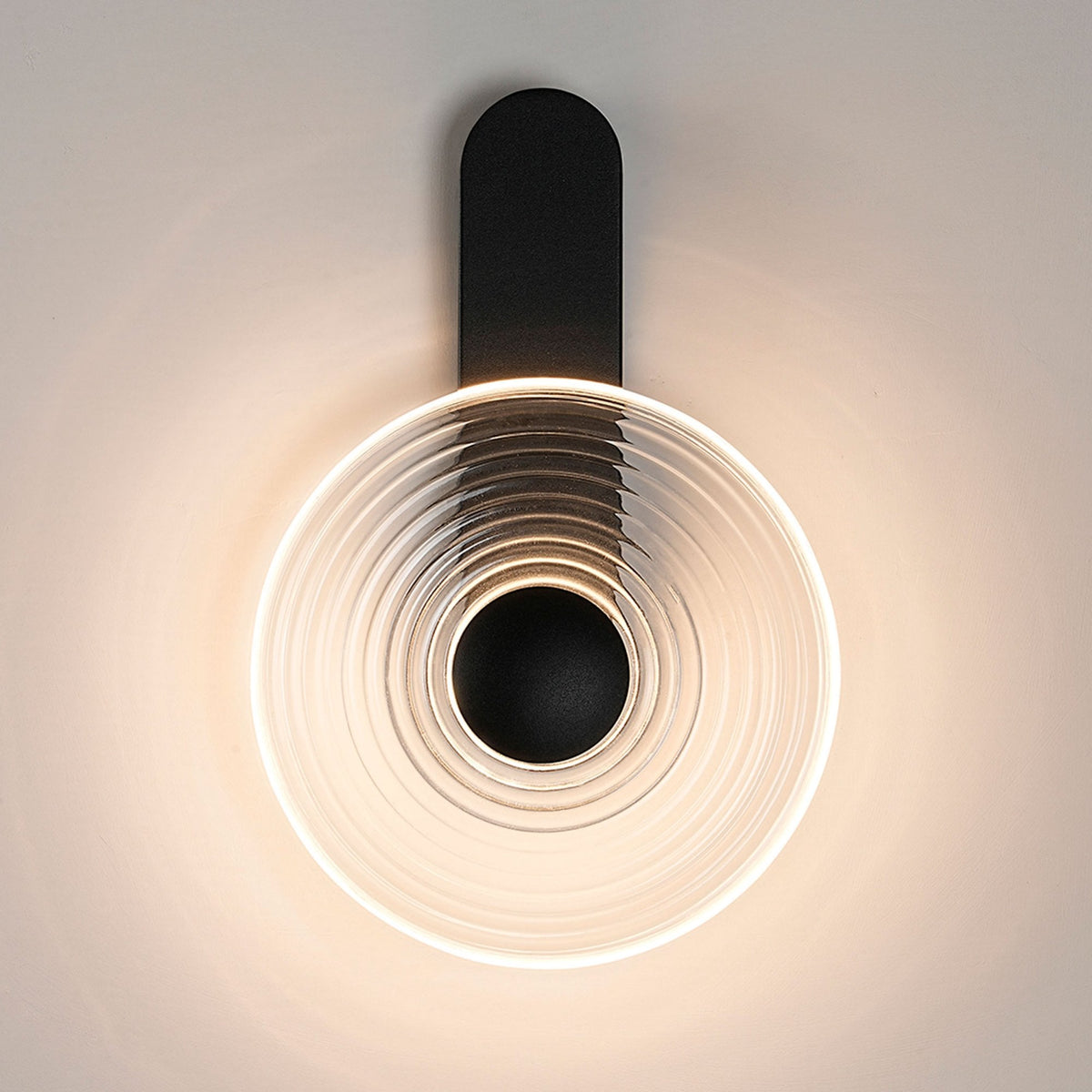 Irvine 7w LED Wall Light in Satin Black with Clear Ripple Glass Shade with Black Cap