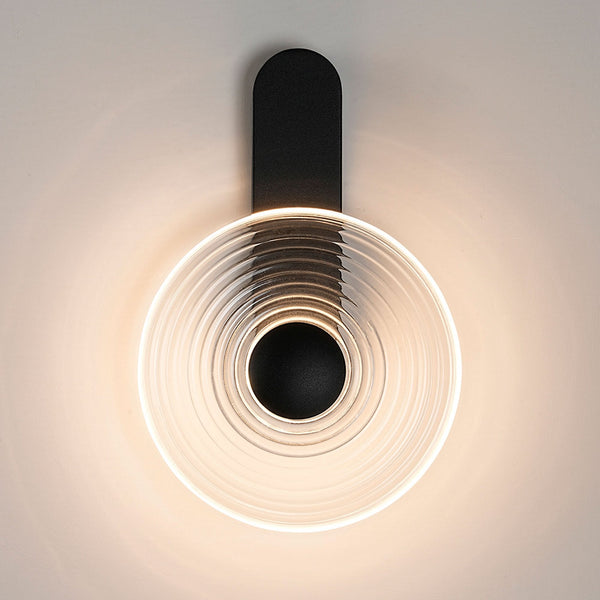 Irvine 7w LED Wall Light in Satin Black with Clear Ripple Glass Shade with Black Cap