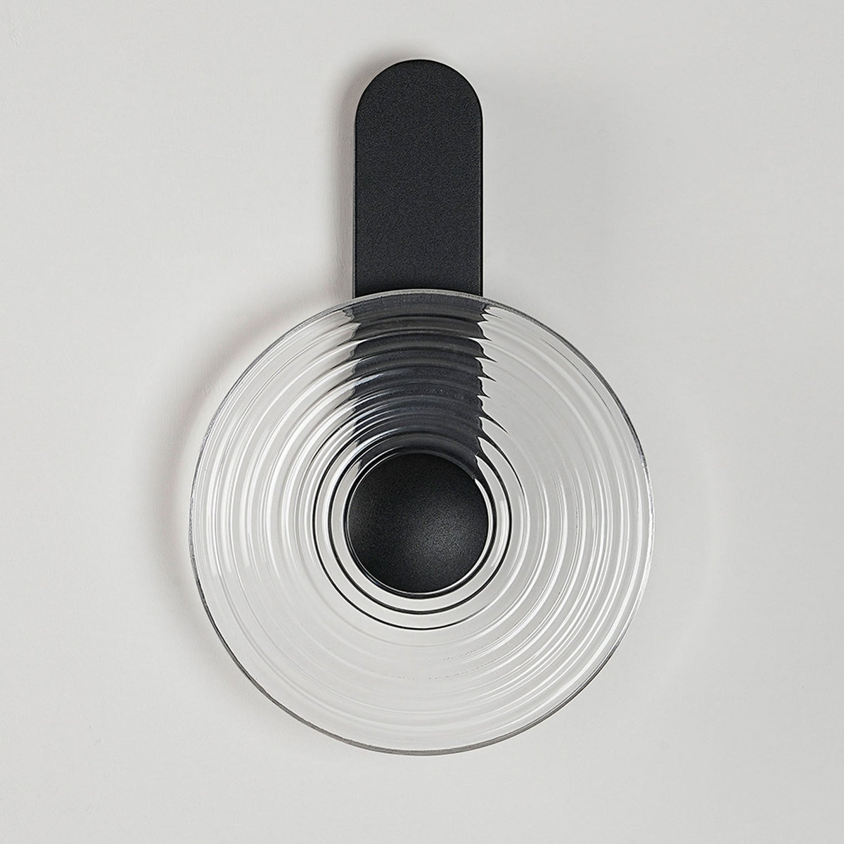 Irvine 7w LED Wall Light in Satin Black with Clear Ripple Glass Shade with Black Cap