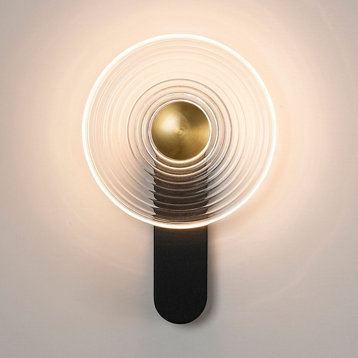 Irvine 7w LED Wall Light in Satin Black with Clear Ripple Glass Shade with Brass Cap