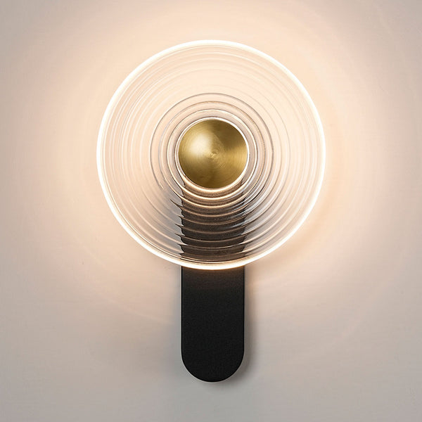 Irvine 7w LED Wall Light in Satin Black with Clear Ripple Glass Shade with Brass Cap
